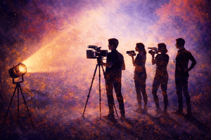 Production cinématographique de nuit sous les projecteurs. Projection Eucor