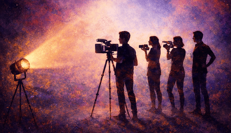 Filmproduktion bei Nacht im Scheinwerferlicht. Eucor Screening