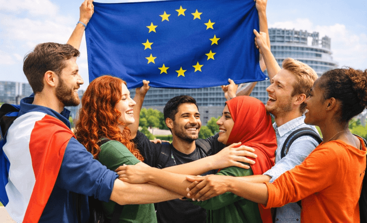 Étudiantes et étudiants avec le drapeau européen. Eucor