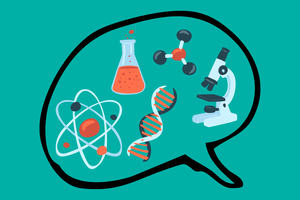 Speech bubble with images about science
